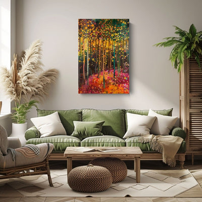 Product image showing canvas wall art of Glowing Grove - Summertime Forest and Sunbeams in a living room