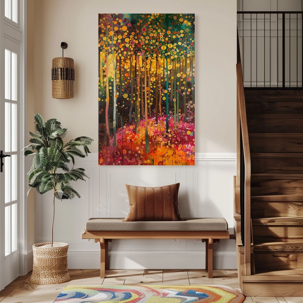 Product image showing canvas wall art of Glowing Grove - Summertime Forest and Sunbeams in a hallway