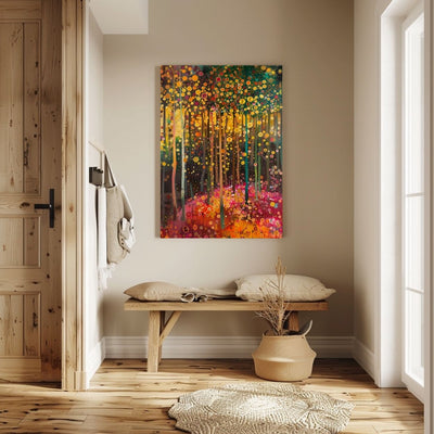 Product image showing canvas wall art of Glowing Grove - Summertime Forest and Sunbeams in an entryway
