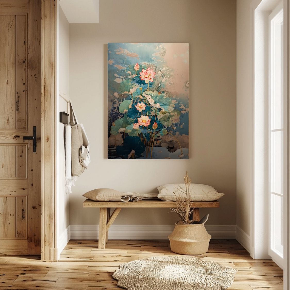Canvas print wall art showing 'Lotus Mirage - Pink Blossoms in Abstract Waters' in a hallway