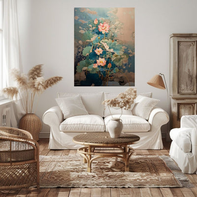 Canvas print wall art showing 'Lotus Mirage - Pink Blossoms in Abstract Waters' in a country-style living room