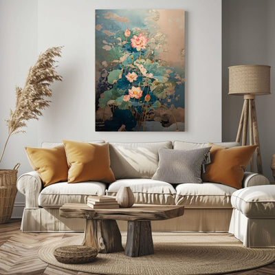 Canvas print wall art showing 'Lotus Mirage - Pink Blossoms in Abstract Waters' in a living room