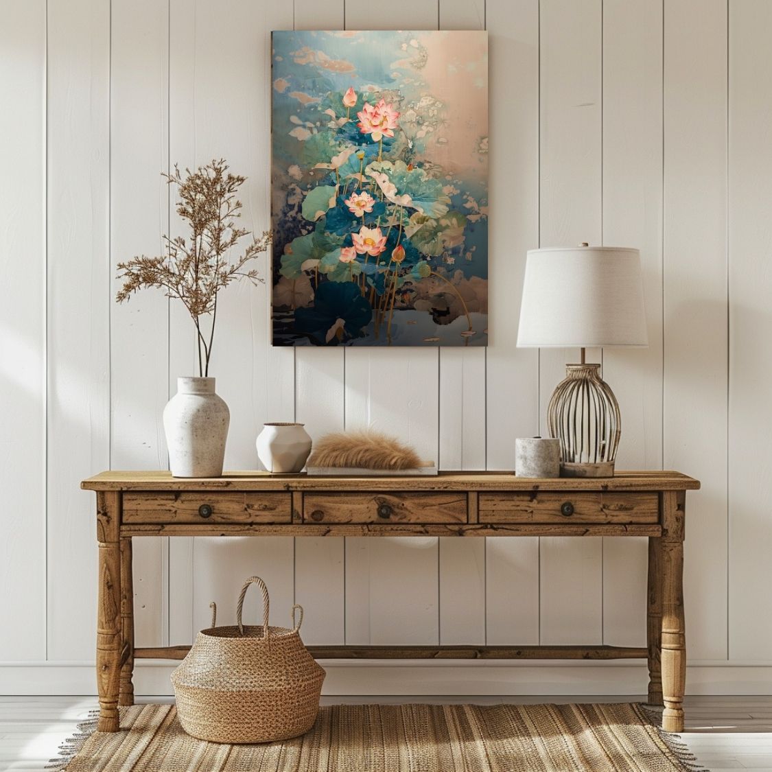 Canvas print wall art showing 'Lotus Mirage - Pink Blossoms in Abstract Waters' in an entryway