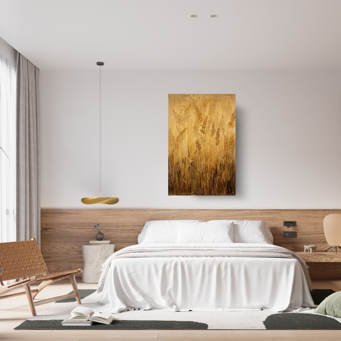 Canvas print wall art showing 'Reed Silhouettes on a Gold Horizon' in a bedroom