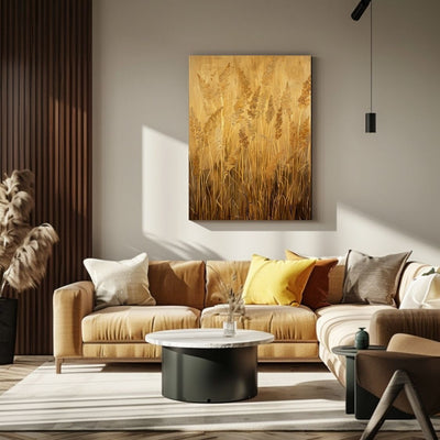Canvas print wall art showing 'Reed Silhouettes on a Gold Horizon' in a living room