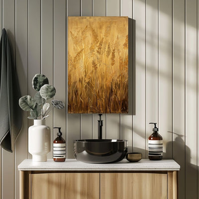 Canvas print wall art showing 'Reed Silhouettes on a Gold Horizon' over a washbasin