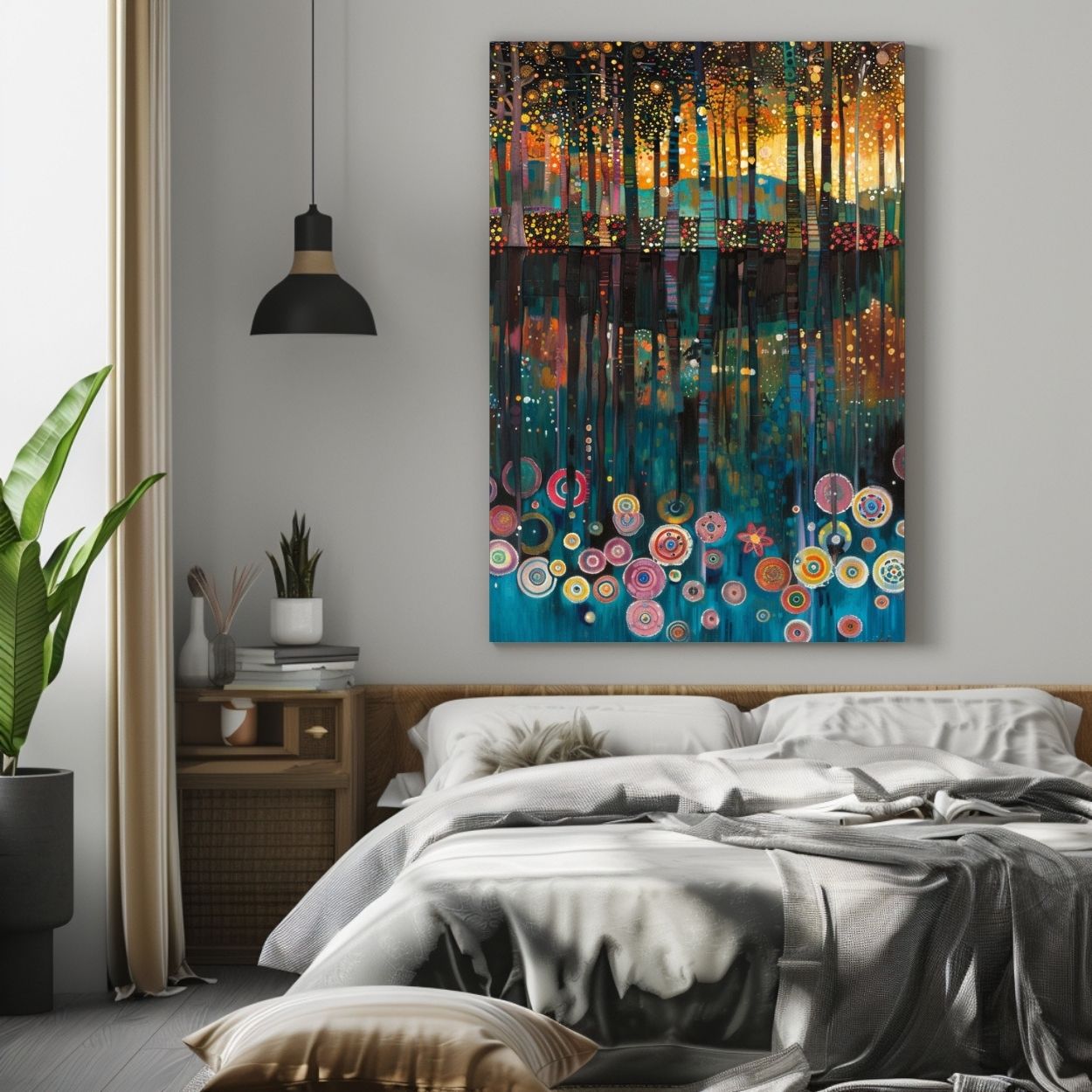 Product image showing canvas wall art of Serene Reflections - Deep Forest Mirrored in Lake Waters in a bedroom