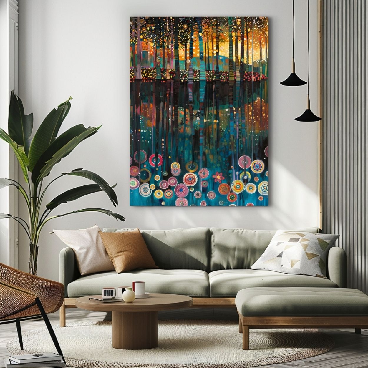 Product image showing canvas wall art of Serene Reflections - Deep Forest Mirrored in Lake Waters in a beige living room