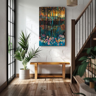 Product image showing canvas wall art of Serene Reflections - Deep Forest Mirrored in Lake Waters in a hallway with stairs