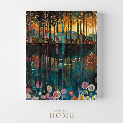 Product image showing canvas wall art of Serene Reflections - Deep Forest Mirrored in Lake Waters