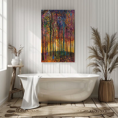 Product image showing canvas wall art of Sunlit Serenity - A Peaceful Forest in Bloom in a bathroom