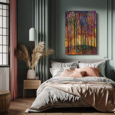 Product image showing canvas wall art of Sunlit Serenity - A Peaceful Forest in Bloom in a bedroom