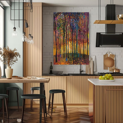 Product image showing canvas wall art of Sunlit Serenity - A Peaceful Forest in Bloom in a kitchen