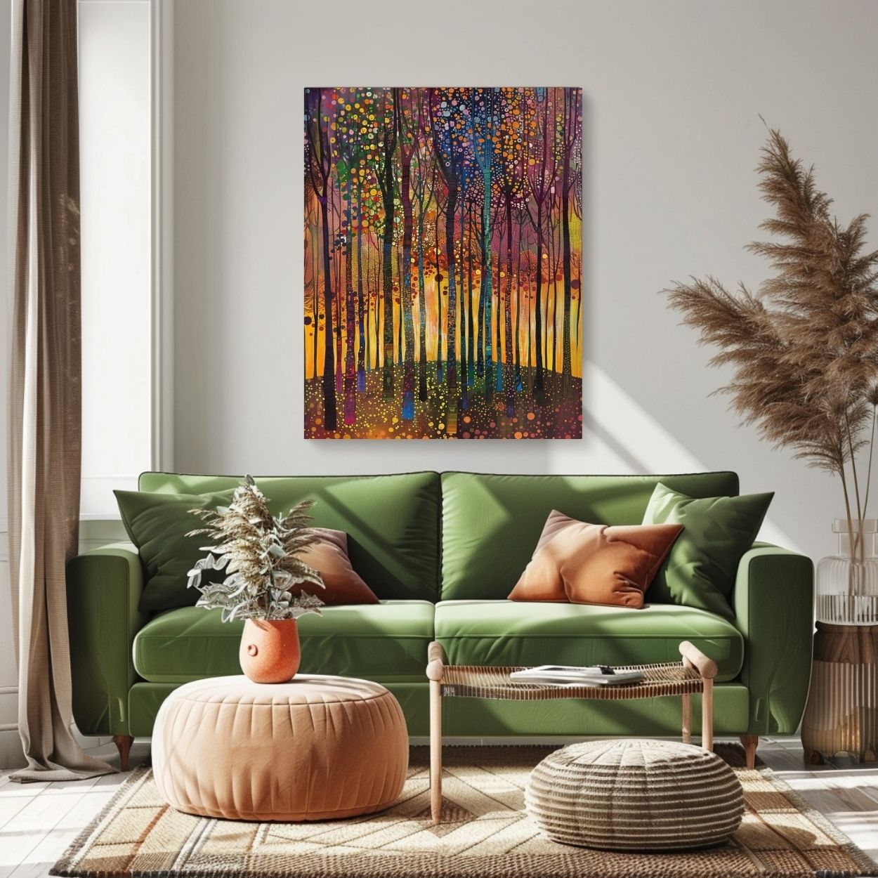 Product image showing canvas wall art of Sunlit Serenity - A Peaceful Forest in Bloom in a living room