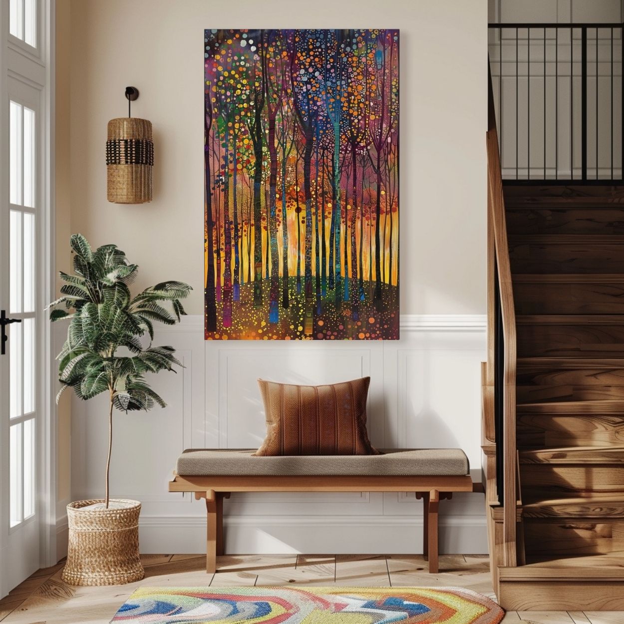 Product image showing canvas wall art of Sunlit Serenity - A Peaceful Forest in Bloom in a hallway