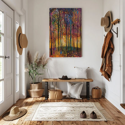 Product image showing canvas wall art of Sunlit Serenity - A Peaceful Forest in Bloom in an entryway