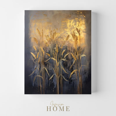 Canvas print wall art showing 'Royal Crop - Wheat Silhouettes on a Purple and Gold Horizon'