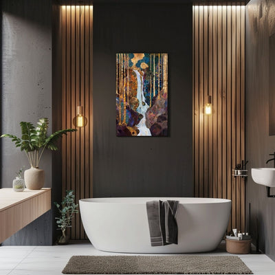 Product image showing canvas print art of forest waterfall in rich hues in a bathroom