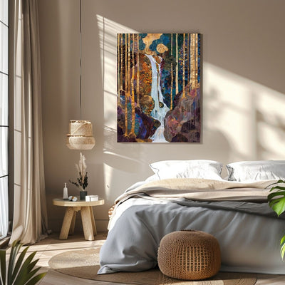 Product image showing canvas print art of forest waterfall in rich hues in a bedroom