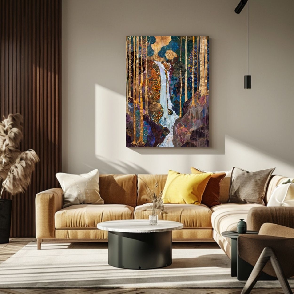 Product image showing canvas print art of forest waterfall in rich hues in a living room