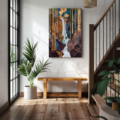 Product image showing canvas print art of forest waterfall in rich hues in an entryway