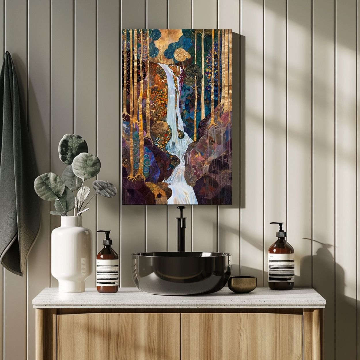 Product image showing canvas print art of forest waterfall in rich hues over a wash basin