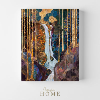 Product image showing canvas print art of forest waterfall in rich hues