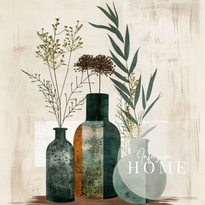 Closeup of poster wall art showing 'Art of Boho Simplicity – Floral and Greenery Vases'