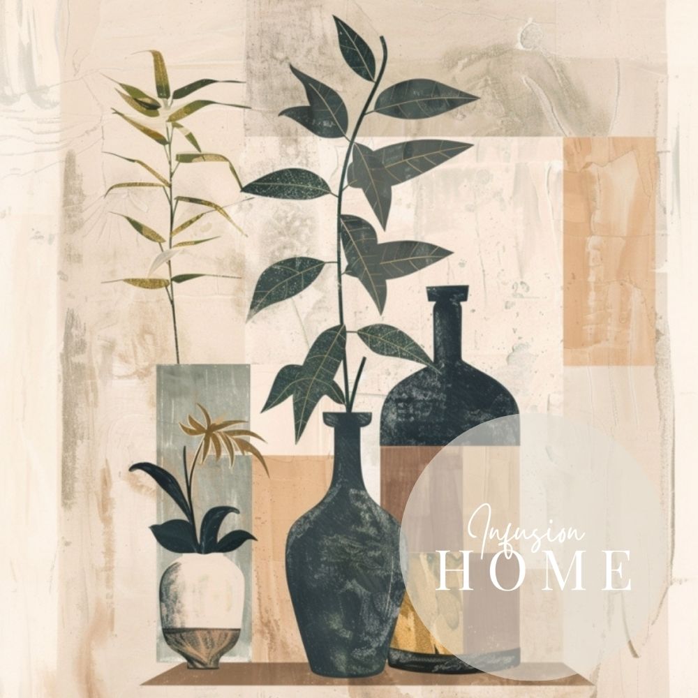 Closeup of poster wall art showing 'Boho Botanicals – Minimalist Greenery in Vase'