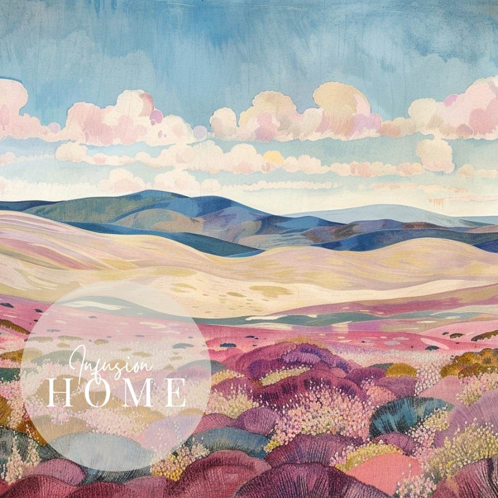 Closeup of poster wall art showing 'Ethereal Heather – Clouds Drift Over Highland Moors'