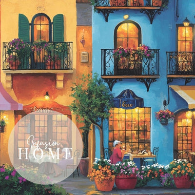 Evening Cafe Stroll with Storefronts and Balconies Printable Art
