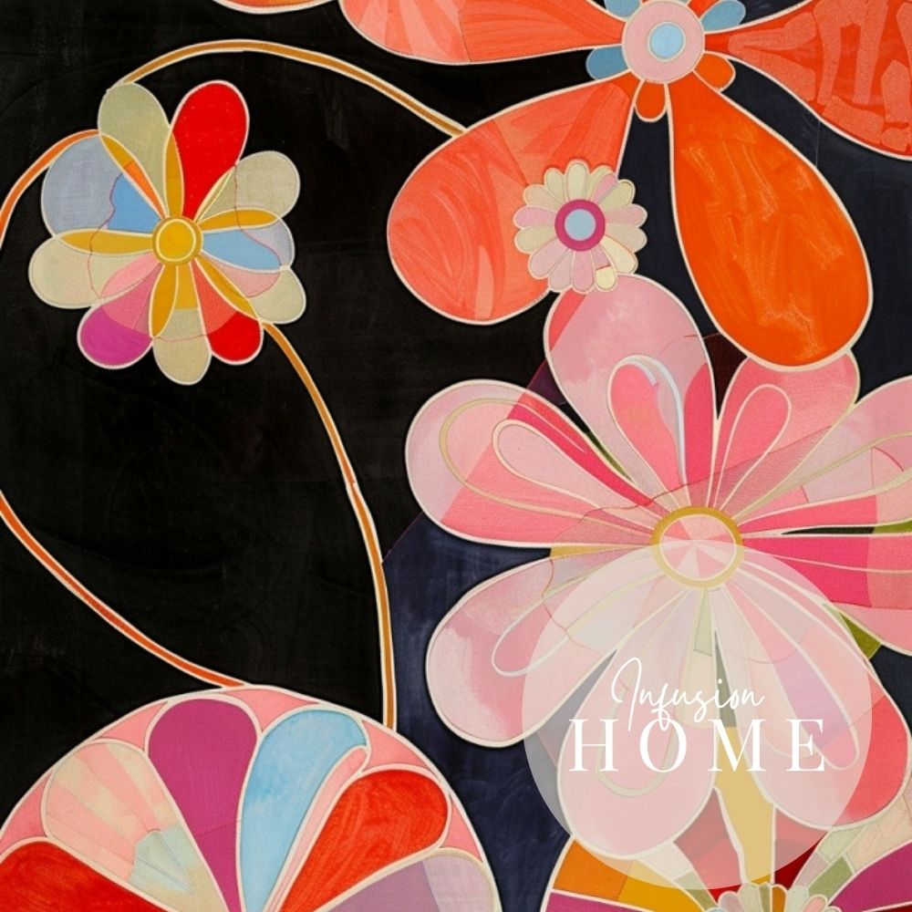 Closeup of poster wall art showing 'Floral Spectrum – Bright Colors in Flower Design'