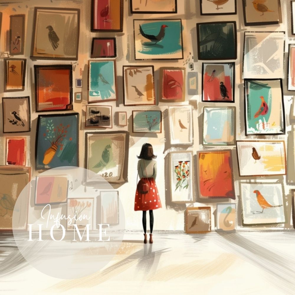 Woman in Art Gallery with Vintage Bird Illustrations Whimsical Giclée Print