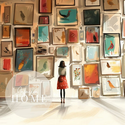 Woman in Art Gallery with Vintage Bird Illustrations Whimsical Giclée Print