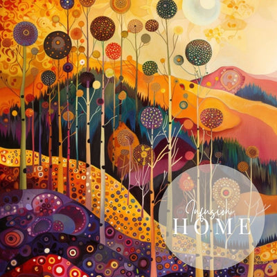 Golden Forest Glow with Whimsical Hills and Autumn Sky
