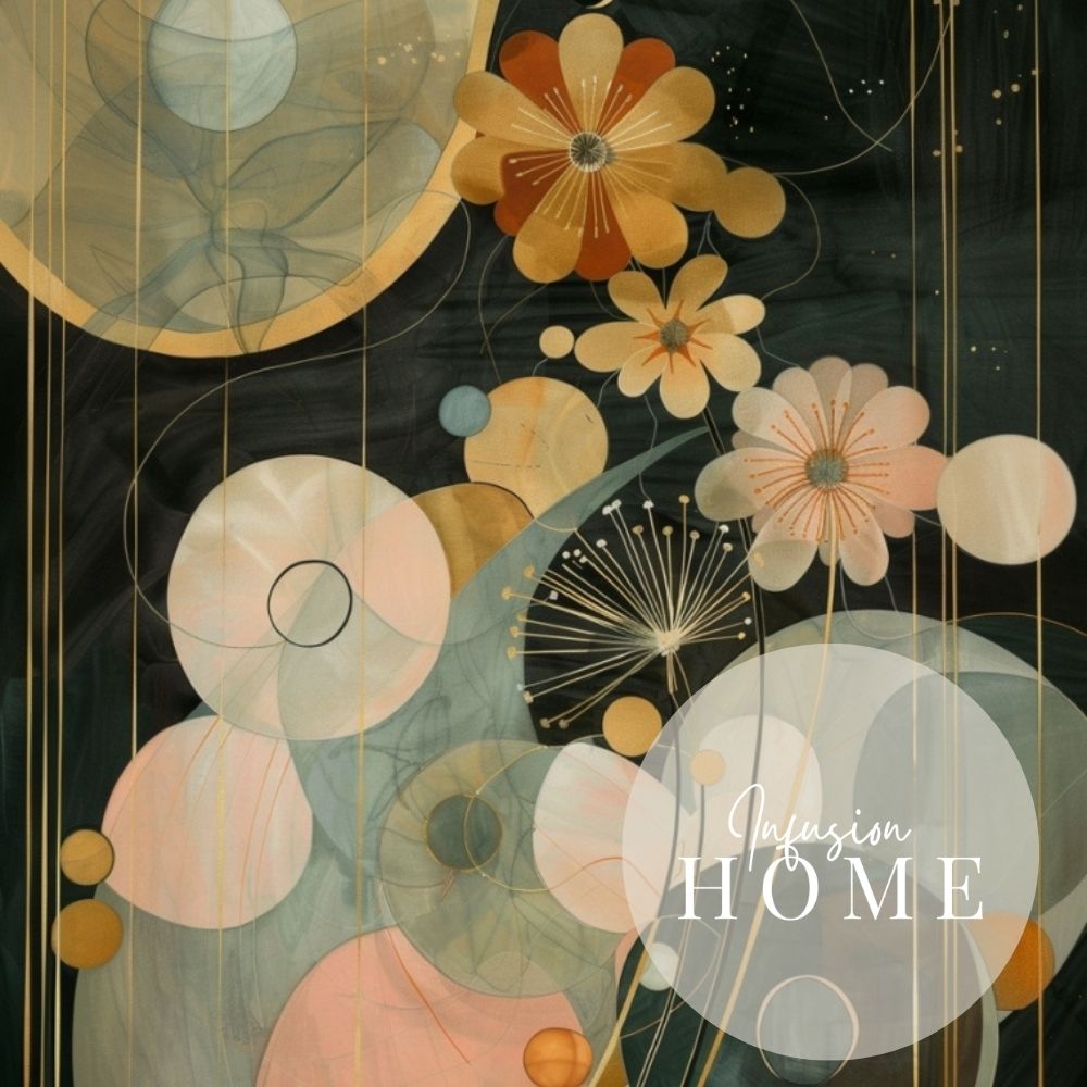 Golden Celestial Floral Wall Art in Deep Green and Blush