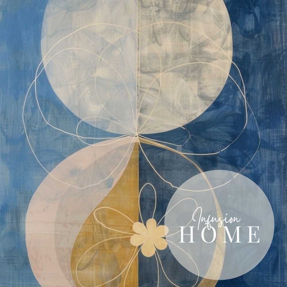 Golden Petal Moon Abstract Floral Print in Blue and Beige