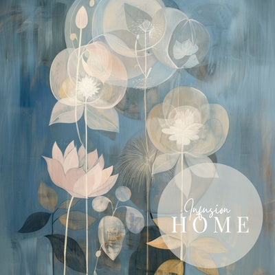 Moonlit Lotus Garden Dreamy Blue and Blush Floral Art Print