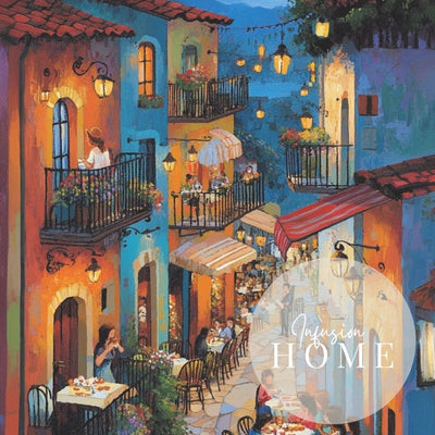 Moonlit Village Feast with Colorful Street Dining and Glowing Windows Printable