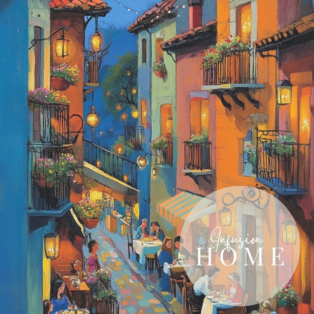 Twilight Cafe Street with Glowing Lanterns Digital Art