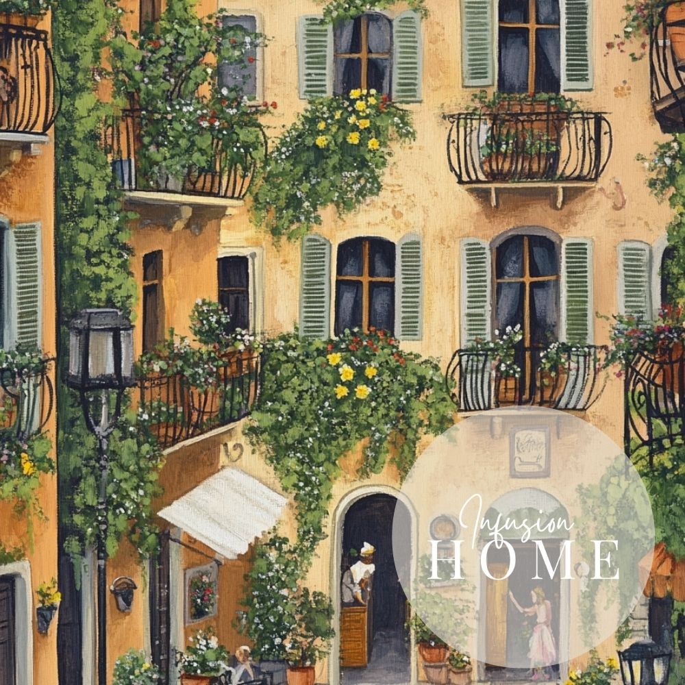 Sunlit French Courtyard Haven with Pastel Walls and Hanging Ivy Digital Download