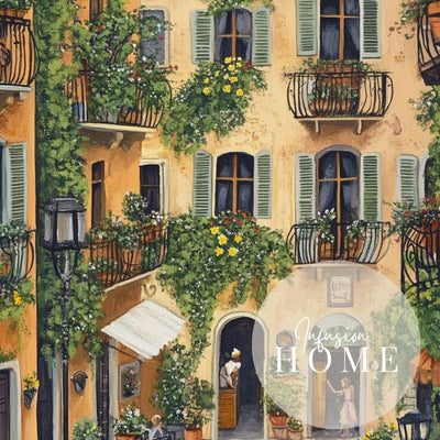 Sunlit French Courtyard Haven with Pastel Walls and Hanging Ivy Digital Download