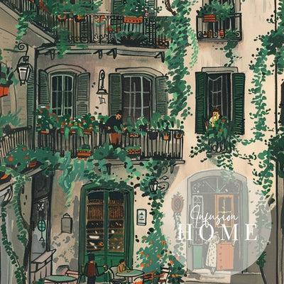 Elegant Green Shutter Courtyard with Ivy-Draped Balconies