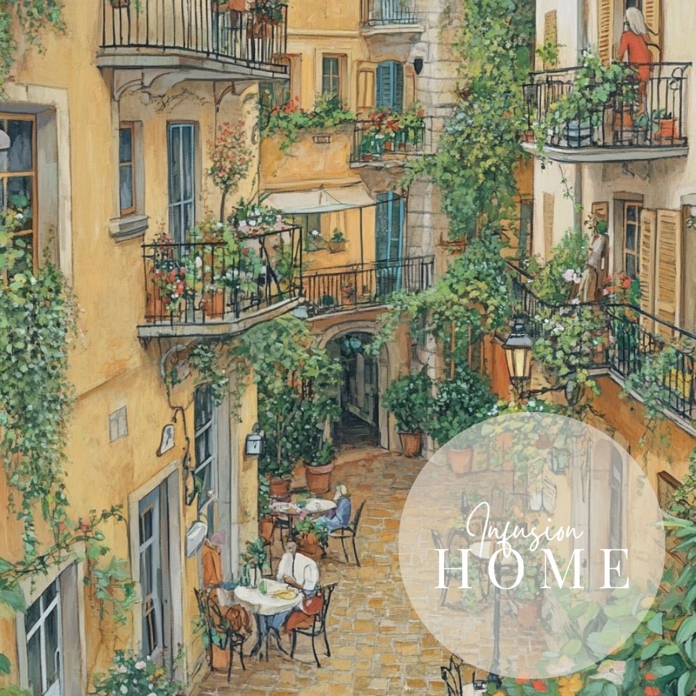 Courtyard Brunch with Ivy and French Village Architecture Digital Wall Art
