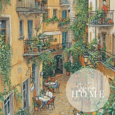 Courtyard Brunch with Ivy and French Village Architecture Digital Wall Art