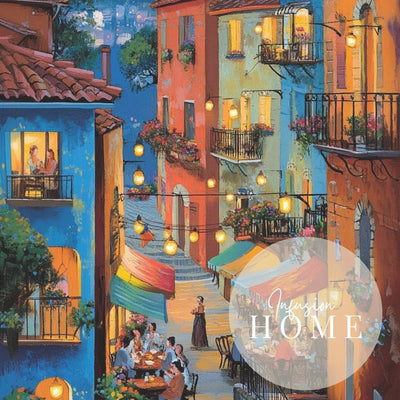 Evening Market Cafe with Flower Balconies Digital Wall Art