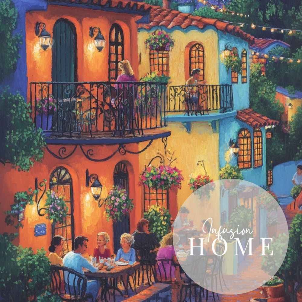European Evening Terrace Cafe with Warm Glowing String Lights Printable