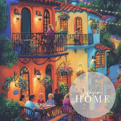 European Evening Terrace Cafe with Warm Glowing String Lights Printable