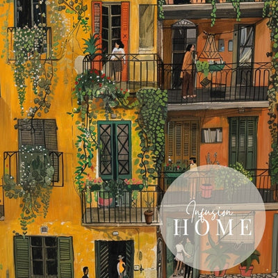 Golden Balconies and Courtyard in a Vibrant Village Scene