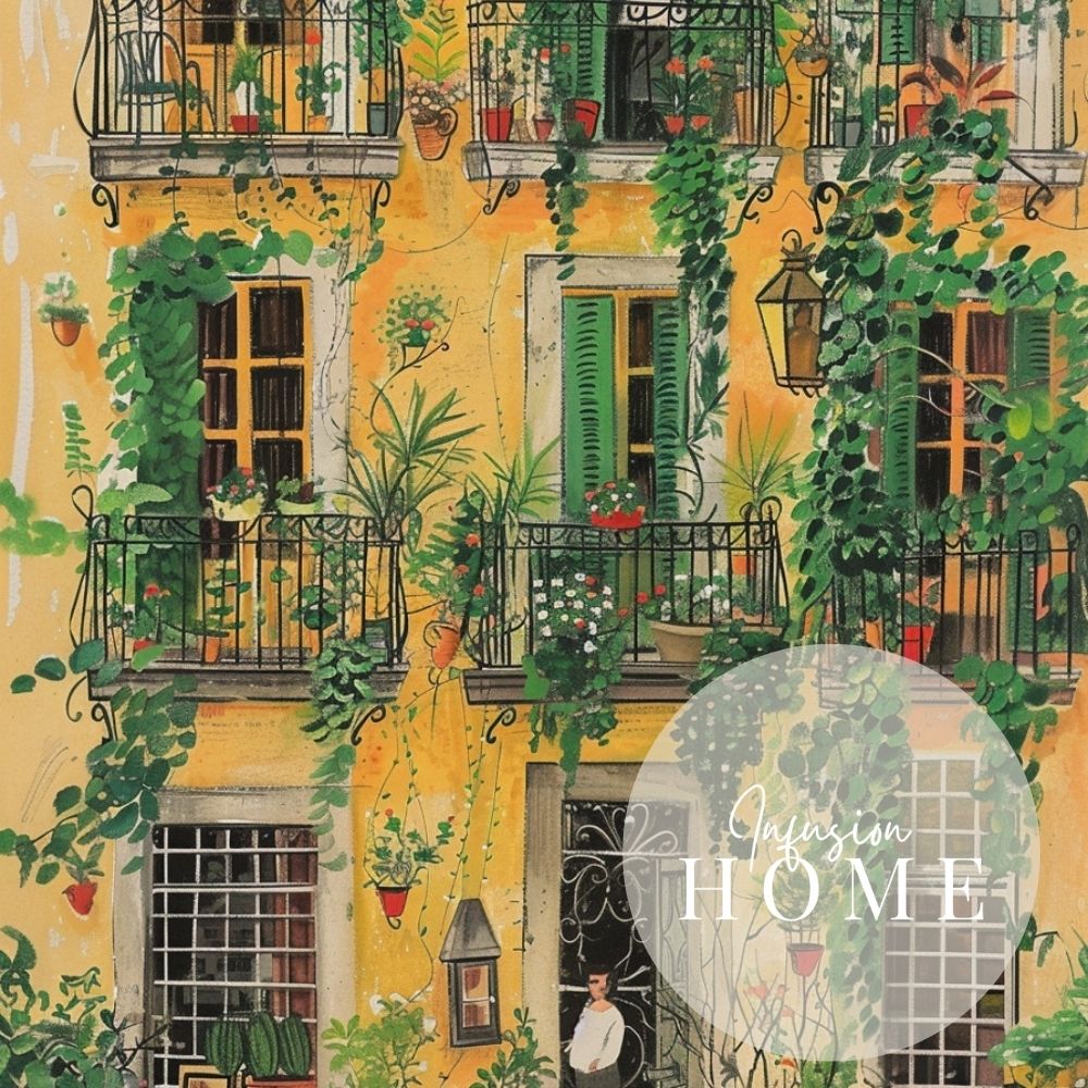 Golden Balcony Facade with Lush Greenery in a Vibrant Courtyard